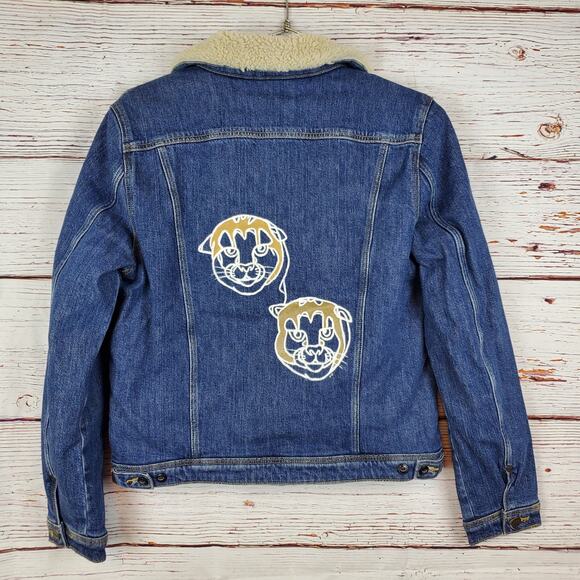 Lee Other - 🔴 Lee LS Sherpa Rider Painted Button Front Jean Jacket Men M Blue Lion Tiger